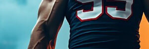 American football player in a black and red uniform with the number 95 stands with arm flexed against a cloudy backdrop.